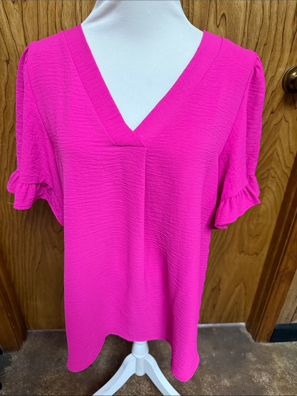 JodiflWomens V-Neck Ruffle Sleeve Top - Hot Pink Small